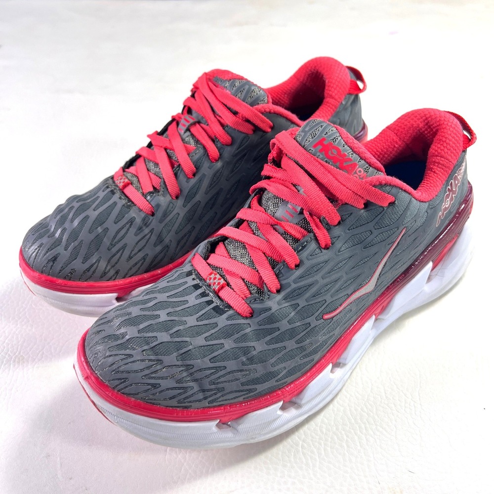 Hoka One One Vanquish 2 Women Size 8 Grey Pink Red Running Shoes Sneakers
